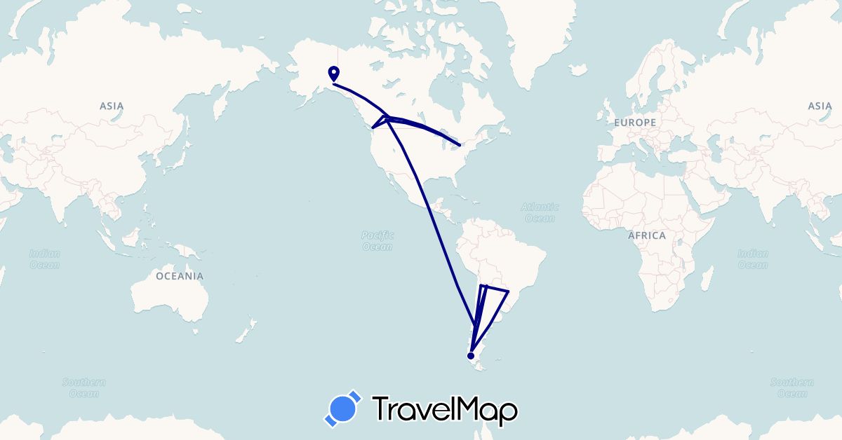 TravelMap itinerary: driving in Argentina, Canada, Chile, United States (North America, South America)